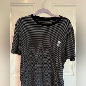 Black and White Stripe Shirt with White Rose Embroidery